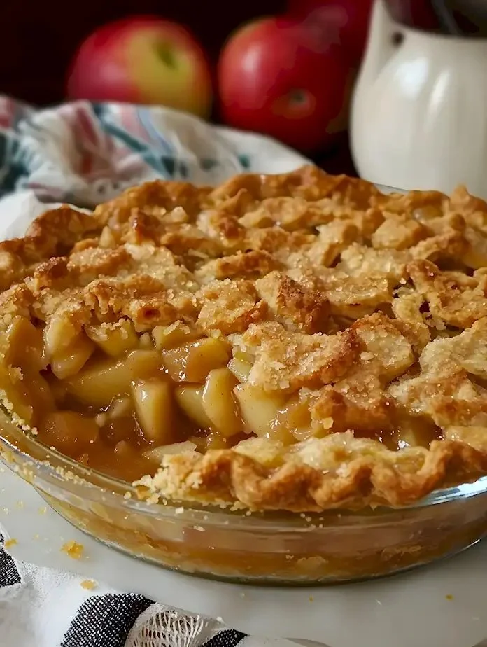 Buttery Apfelkuchen auf einem Teller mit frischen Äpfeln und Zimt