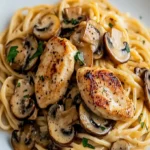 Cremige Hähnchen-Marsala-Pasta serviert mit frischen Kräutern
