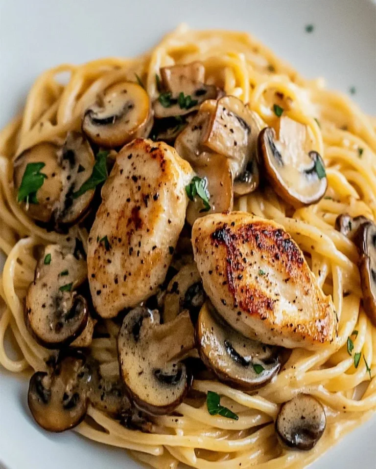 Cremige Hähnchen-Marsala-Pasta serviert mit frischen Kräutern