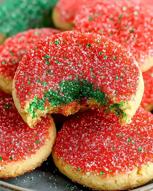 Festliche Zuckerplätzchen mit rotem und grünem Glanz auf einem Dekoteller