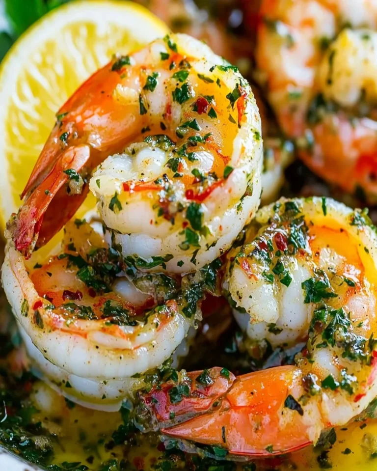 Frische Garnelen mit Chimichurri-Sauce auf einem Grillteller serviert.