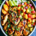 Frisches Cilantro-Lime Hähnchen mit Pfirsichsalsa auf einem Teller angerichtet