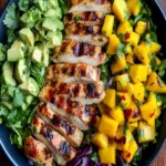 Frischer Cilantro Limon Hähnchen Salat mit Mangosalsa auf einem Teller