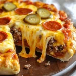 Goldene Pizza Burger Kuchen mit Mozzarella und Pepperoni auf einem Teller