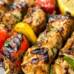 Hähnchenkabobs mariniert in Zitronen-Garlic mit frischem Gemüse auf Grillspießen.