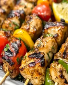 Hähnchenkabobs mariniert in Zitronen-Garlic mit frischem Gemüse auf Grillspießen.