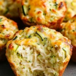 Herzhafte Hähnchen-Käse-Zucchini-Muffins auf einem Holzbrett angerichtet