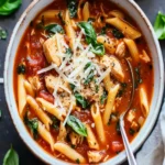Herzhafte Hühner-Parmesan-Suppe mit Rotini-Pasta in einer Schüssel serviert.
