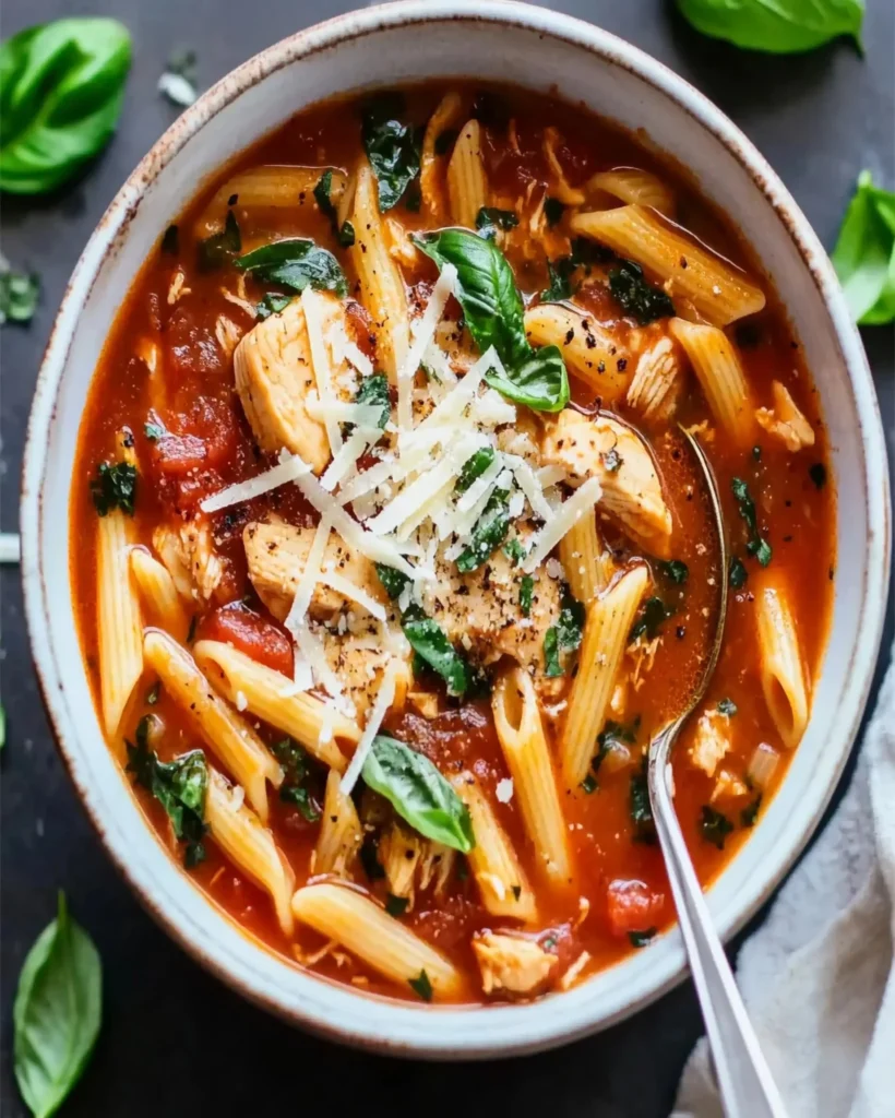 Herzhafte Hühner‑Parmesan‑Suppe mit Rotini‑Pasta