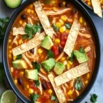 Herzhafte Tex-Mex Suppe mit Hühnchen und Tortillas in einer Schüssel angerichtet