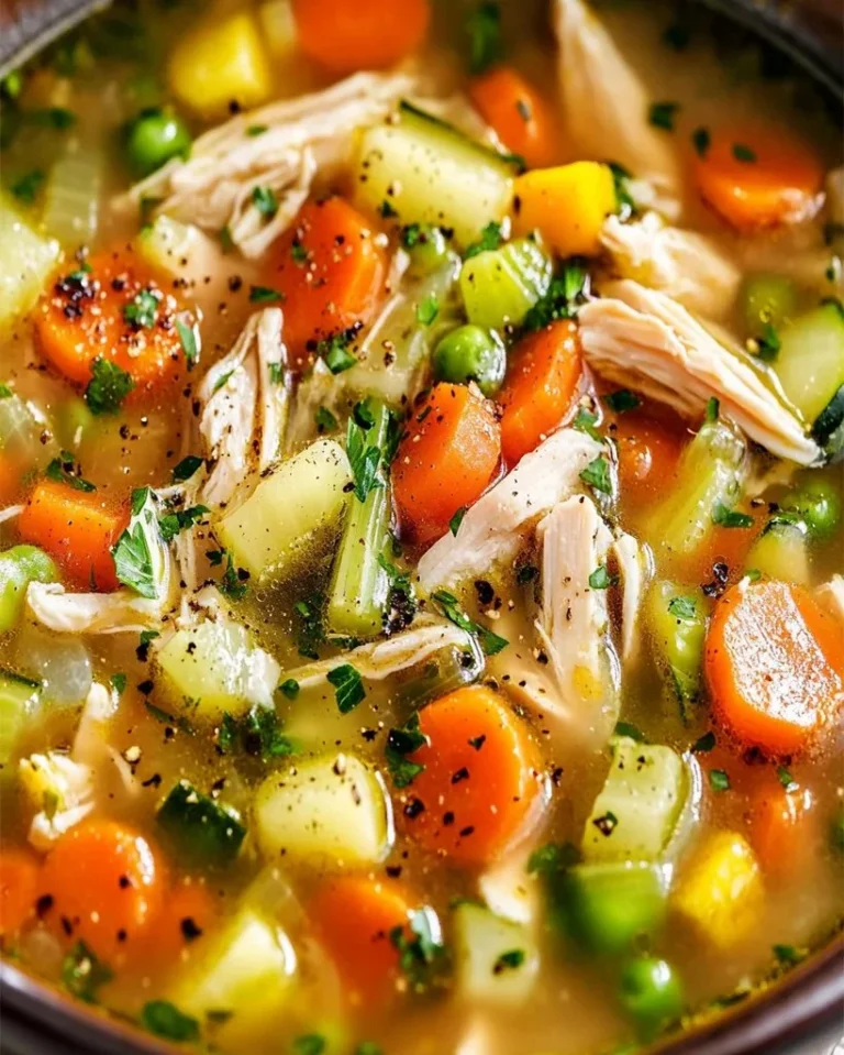 Herzhaftes Geflügel-Gemüsesüppchen in einer Schüssel serviert.