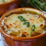 Karamellisierte Zwiebel-Suppe mit Gruyère in einer weißen Schüssel