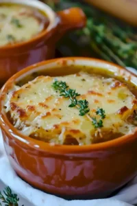 Karamellisierte Zwiebel-Suppe mit Gruyère in einer weißen Schüssel