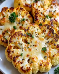 Käsige Blumenkohlsteaks mit Parmesan auf einem Teller angerichtet.