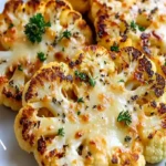 Käsige Blumenkohlsteaks mit Parmesan auf einem Teller angerichtet