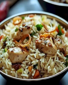 Klassenreiches Hähnchenpulao mit Basmati Reis auf einem Teller serviert.