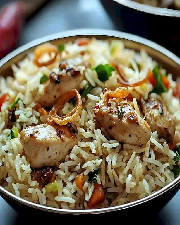 Klassenreiches Hähnchenpulao mit Basmati Reis auf einem Teller serviert.