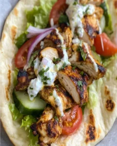 Klassisches griechisches Chicken Gyros mit Zitronenmarinade auf einem Teller