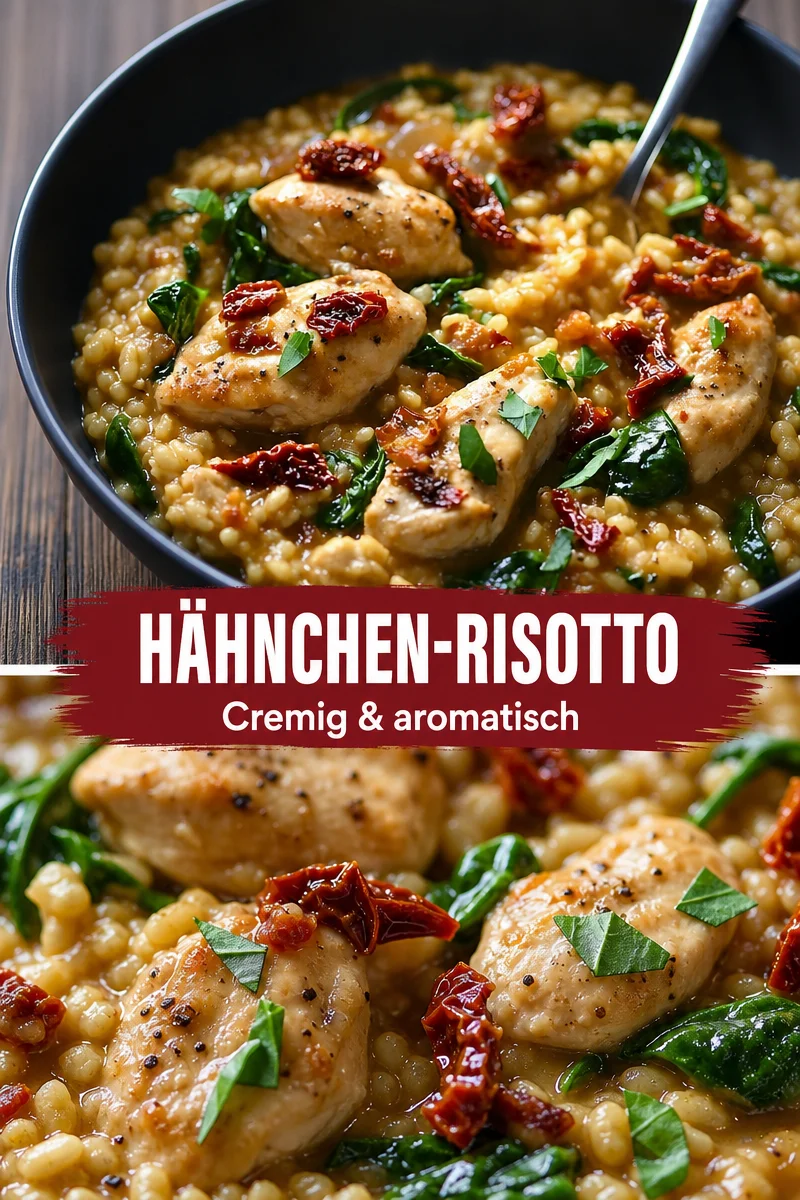 Klassischer Hähnchen-Risotto mit Sonnengetrockneten Tomaten und Spinat - Entdecke, wie einfach du ein köstliches Hähnchen-Risotto zubereiten kannst, das dir und deinen Lieben schmecken wird! Mit aromatischen Zutaten wie Sonnengetrockneten Tomaten und frischem Spinat ist dieses Gericht perfekt für jede Gelegenheit. Lass dich von den Aromen verführen und gönn dir dieses himmlische Risotto. Probiere es jetzt aus! #HähnchenRisotto #LeckereRezepte #KochenMitLiebe