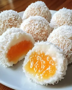 Kokos-Mango Glücksbällchen mit Crunch auf einem Teller