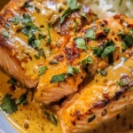 Knuspriger Kokos-Curry-Lachs mit Knoblauch-Butter auf einem Teller angerichtet