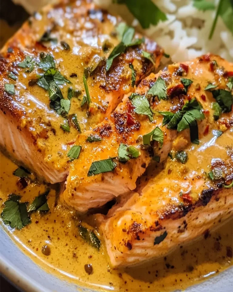 Knuspriger Kokos-Curry-Lachs mit Knoblauch-Butter auf einem Teller angerichtet
