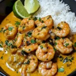 Kokoscurry mit Shrimps aus Südasien in einer bunten Schüssel serviert.
