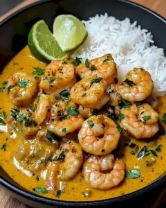 Kokoscurry mit Shrimps aus Südasien in einer bunten Schüssel serviert.
