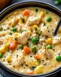 Schüssel mit cremiger Hühnchen-Pot-Pie-Suppe, voller Geschmack und Liebe
