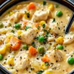 Kraftvolle Hühnchen-Pot-Pie-Suppe mit cremigem Geschmack in einer Schüssel