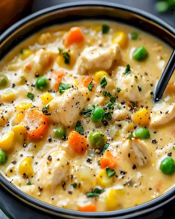 Kraftvolle Hühnchen-Pot-Pie-Suppe mit cremigem Geschmack in einer Schüssel