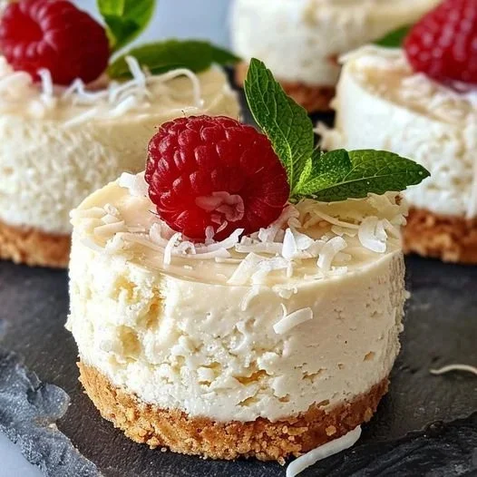 Kremiger Kokosmilch-Käsekuchen mit Himbeeren auf einem Teller