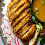 Krispier Katsu Curry mit Hähnchen auf einem Teller serviert