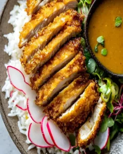 Krispier Katsu Curry mit Hähnchen auf einem Teller serviert