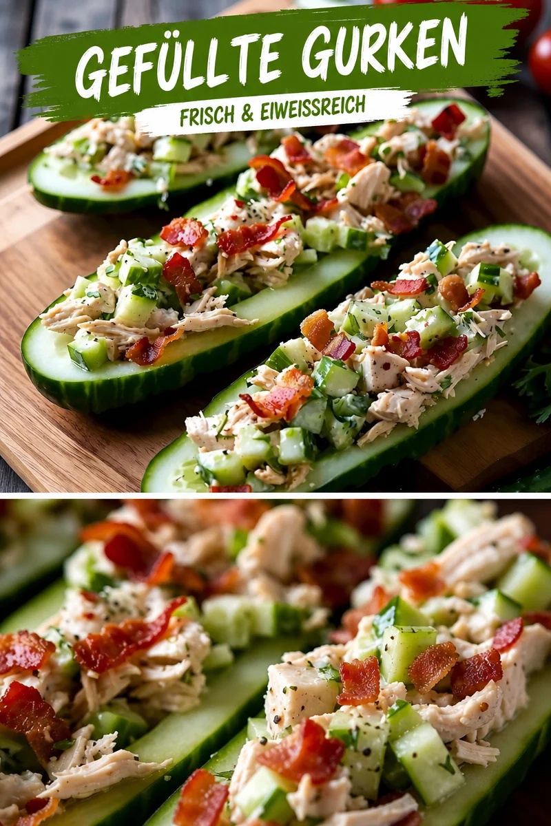 Leckere Bacon-Ranch-Hühnchensalat auf frischen Gurkenbooten - Entdecke das Rezept für den köstlichen Bacon-Ranch-Hühnchensalat auf knackigen Gurkenbooten. Ideal für dein nächstes Picknick oder als leichte Vorspeise! Schnell zubereitet und unwiderstehlich im Geschmack. Überrasche deine Gäste mit diesem erfrischenden Snack, der garantiert schnell weg ist. Probiere es aus und teile deine Kreationen! #Hühnchensalat #Snackideen #Picknickrezepte