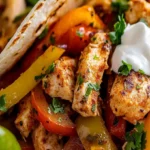Scharfe Hähnchen-Fajitas mit bunten Paprika serviert auf einem Teller
