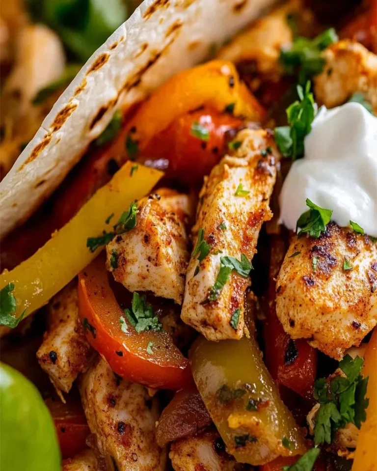 Scharfe Hähnchen-Fajitas mit bunten Paprika serviert auf einem Teller