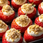 Gefüllte Erdbeeren mit Käsekuchen-Cream auf einem Teller.