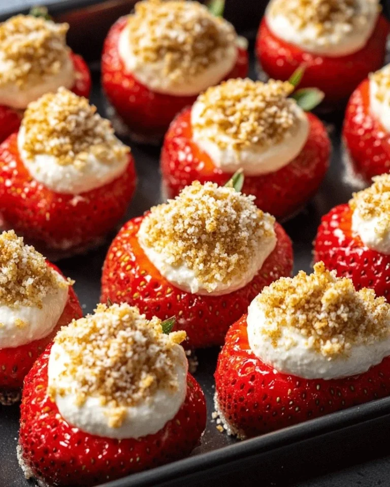 Gefüllte Erdbeeren mit Käsekuchen-Cream auf einem Teller.