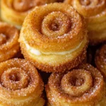 Weiche Donut-Kekse mit Cheesecake-Füllung und Zimt-Zucker-Beschichtung auf einem Teller