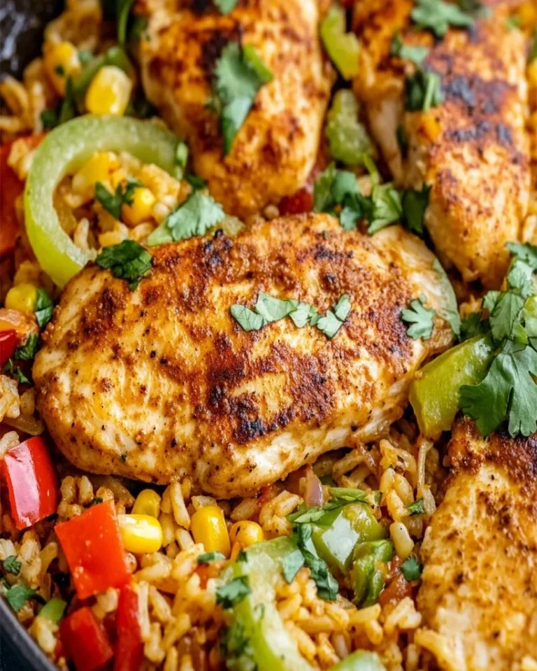 Würziges Hähnchen mit Basmati-Reis und buntem Gemüse auf einem Teller.