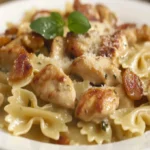 Würziges Hähnchen mit geröstetem Knoblauch und Farfalle auf einem Teller serviert.