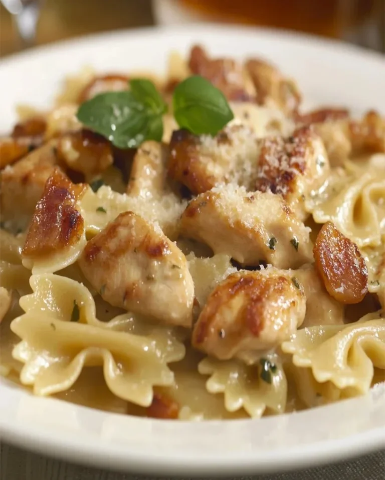 Würziges Hähnchen mit geröstetem Knoblauch und Farfalle auf einem Teller serviert.