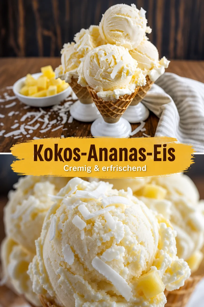 Erfrischendes Kokos-Ananas-Eis für tropische Genussmomente - Genießen Sie unser köstliches Kokos-Ananas-Eis, das Sie an sonnige Strände erinnert. Ideal für heiße Tage, ist dieses cremige Dessert leicht zuzubereiten und sorgt für Freude bei Ihren Gästen. Perfekt in Eiswaffeln serviert! Probieren Sie es aus und lassen Sie sich verwöhnen! Teilen Sie Ihre Kreationen! #KokosEis #Dessertideen #Sommergenuss