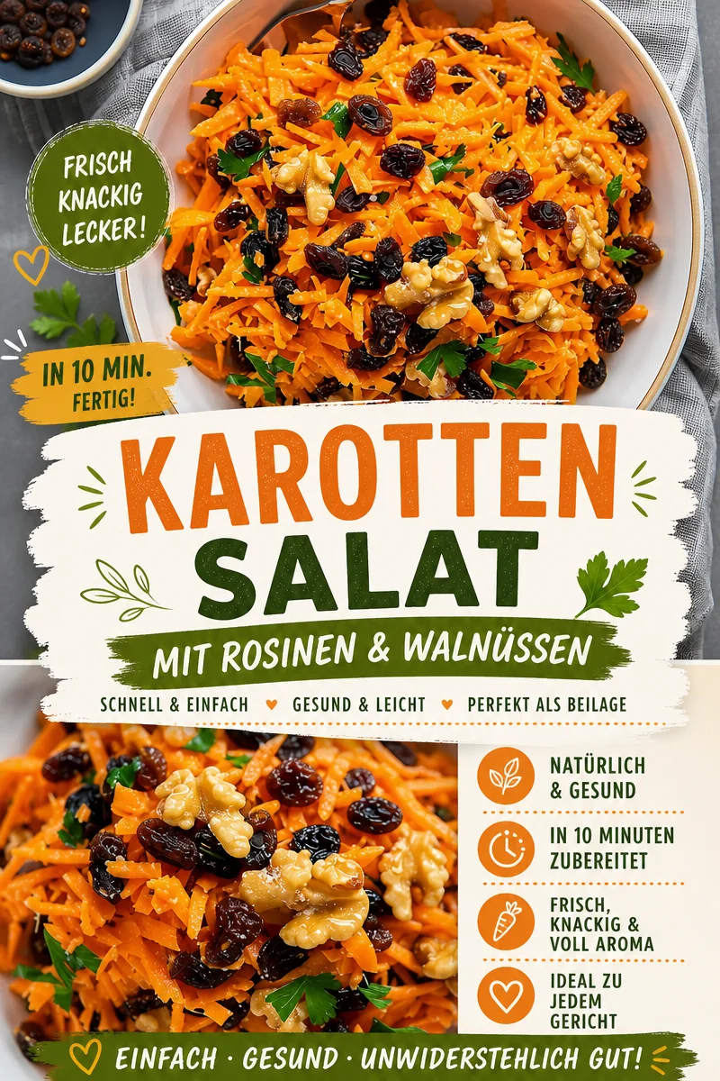 Erlebe den köstlichen Karotten-Rosinen-Salat für jeden Anlass - Entdecke, wie einfach und lecker der Karotten-Rosinen-Salat zuzubereiten ist! Dieser erfrischende Salat kombiniert süße Rosinen und knackige Karotten und eignet sich perfekt für die Sommer- und Herbstküche. Probiere es sofort aus und beeindrucke deine Freunde bei der nächsten Grillparty. Lass dich von diesem Rezept inspirieren! #SalatRezept #gesundeErnährung #KarottenRosinenSalat