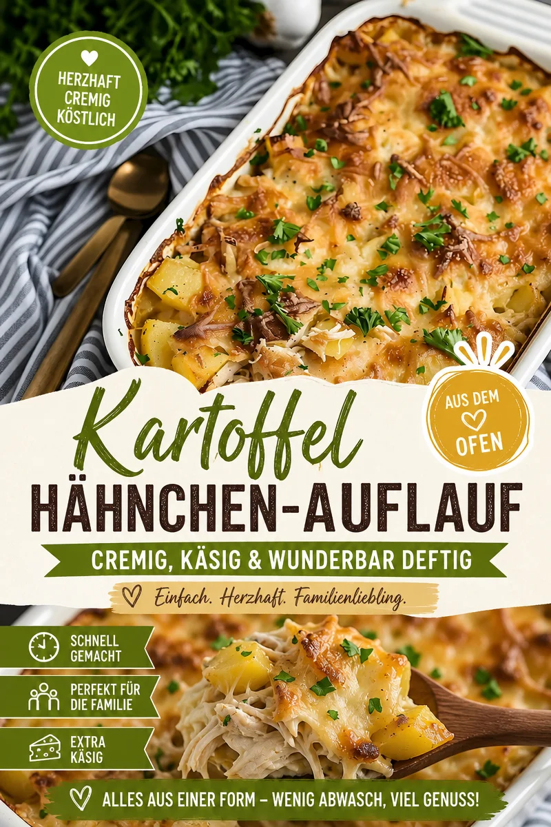 Hähnchen- und Kartoffelauflauf: Warmes Comfort Food für kalte Tage - Craving für das perfekte Comfort Food? Dieser Hähnchen- und Kartoffelauflauf ist genau das Richtige für kalte Tage. Mit zarten Hähnchenstücken und cremigen Kartoffeln zauberst du ein Gericht, das die ganze Familie lieben wird. Probiere dieses einfache Rezept noch heute aus und lass dich von den Aromen verführen! Klicke auf 'Jetzt pinnen' für dein nächstes Abendessen. #AuflaufRezepte #Hähnchenauflauf #ComfortFood