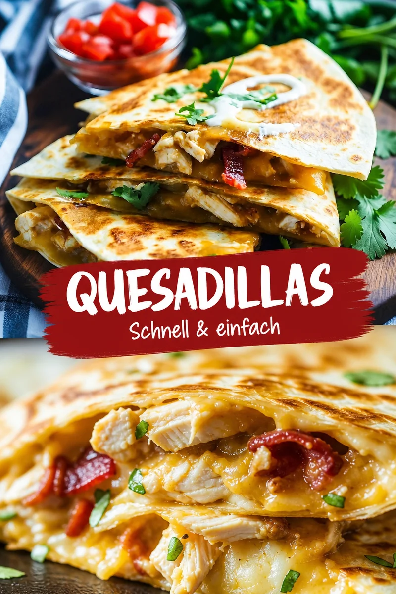 Herzhafte Hähnchen, Speck und Ranch Quesadillas für den perfekten Snack - Verliebe dich in diese köstlichen Hähnchen, Speck und Ranch Quesadillas! Ideal für ein schnelles Abendessen oder als Snack für gesellige Abende mit Freunden. Diese Quesadillas sind einfach zuzubereiten, knusprig und voller Geschmack. Hol dir das Rezept und bereite dein neues Lieblingsgericht zu! Teile deine Kreationen mit uns! #Quesadillas #Snackideen #leckeresEssen