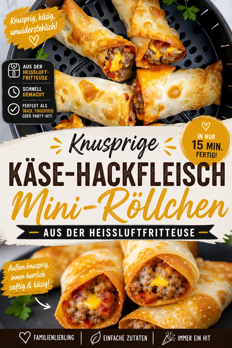 Köstliche Cheeseburger-Ei-Rollen für Deinen Snack Hunger - Lust auf einen schnellen und köstlichen Snack? Probiere unsere Cheeseburger-Ei-Rollen aus dem Airfryer! Innen saftig und außen knusprig, sind diese Rollen der perfekte Snack für jeden Abend. Folge unserem einfachen Rezept und genieße sie noch heute! #Snacks #AirfryerRezepte #KäseLiebe