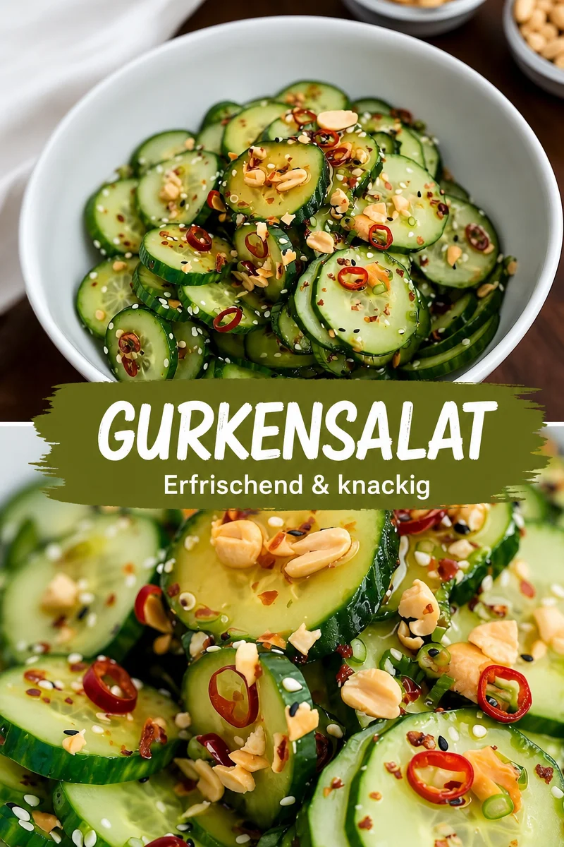 Krispe-Asiatischer Gurkensalat: Erfrischend und einfach gemacht für heiße Tage! - Erlebe den spritzigen Geschmack des Krispe-Asiatischen Gurkensalats, der perfekt für heiße Sommertage ist. Dieser Salat mit knackigen Gurken, Karotten und einem leckeren Dressing aus Sesamöl, Reisessig und Sojasauce bringt frische Aromen auf deinen Tisch. Ideal als Beilage oder leichtes Hauptgericht. Probiere ihn jetzt aus und genieße die Vielfalt der asiatischen Küche! #Gurkensalat #AsiatischeKüche #Erfrischend