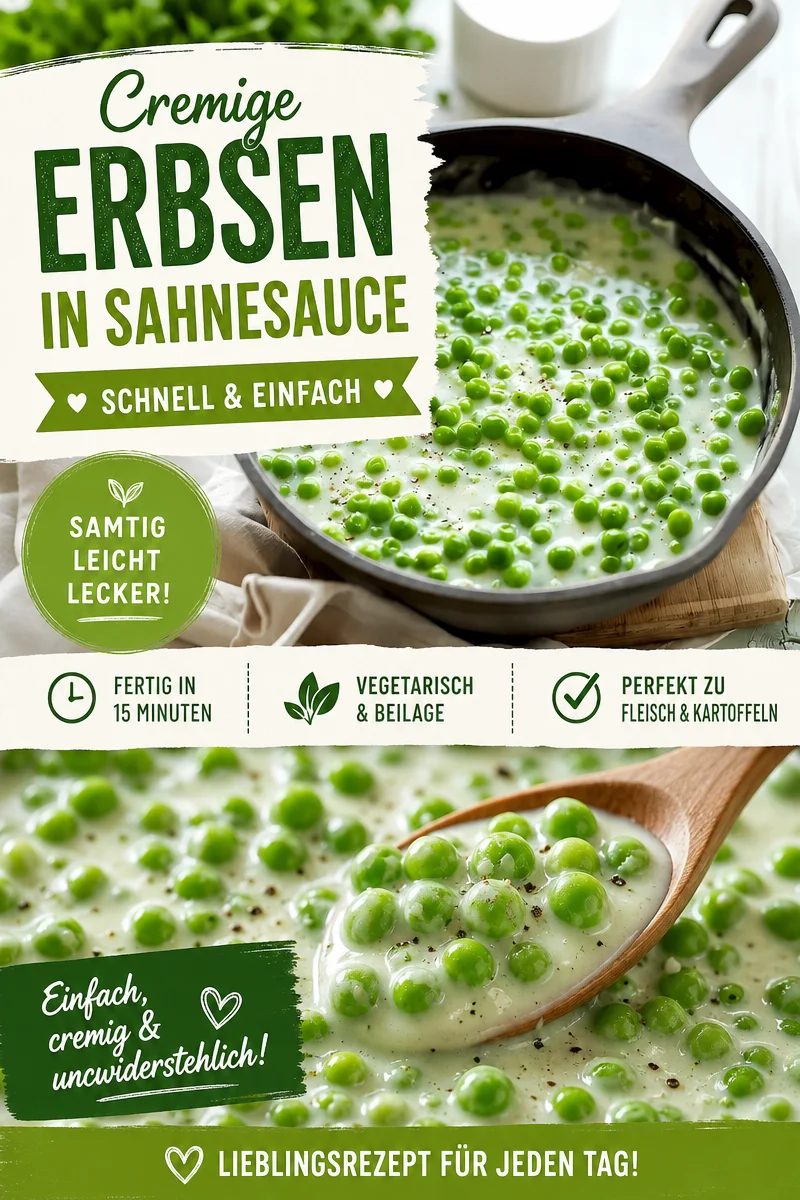 Verwöhnen Sie Ihren Gaumen mit köstlichen Creme-Erbsen für jeden Anlass - Entdecken Sie unser einfaches und schmackhaftes Rezept für Creme-Erbsen, das jede Mahlzeit zum Erlebnis macht. Diese cremige Beilage aus frischen Erbsen, Zwiebeln und einer leckeren Sahnesauce ist perfekt für Ihre nächsten Dinnerpartys oder Familienabendessen. Bereiten Sie es im Handumdrehen zu und begeistern Sie Ihre Gäste! Probieren Sie unser Rezept und teilen Sie Ihre Kreationen mit uns! #CremeErbsen #Beilagen #LeckereRezepte